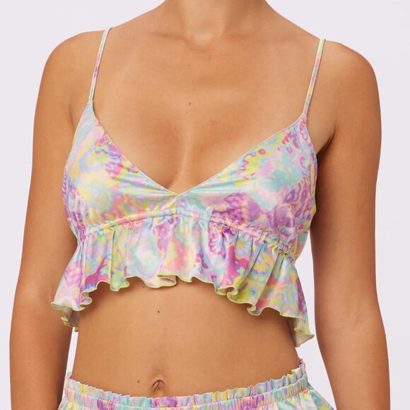 Multicolor Satin Flutter Hem Longline Bralette - Picture 2 of 5